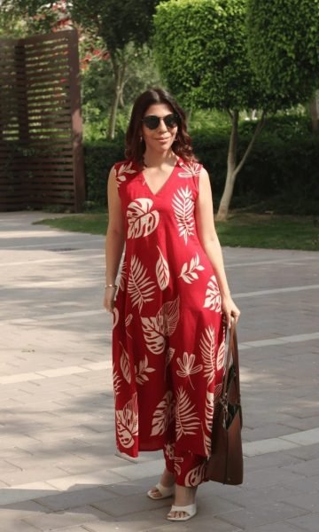 Authentic Red Designer Poly Rayon Co Ord Set with V Neck Print Design Printed Kurtis