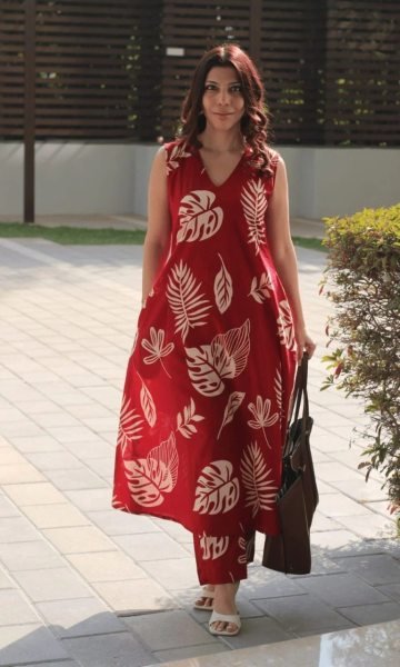 Authentic Red Designer Poly Rayon Co Ord Set with V Neck Print Design Printed Kurtis