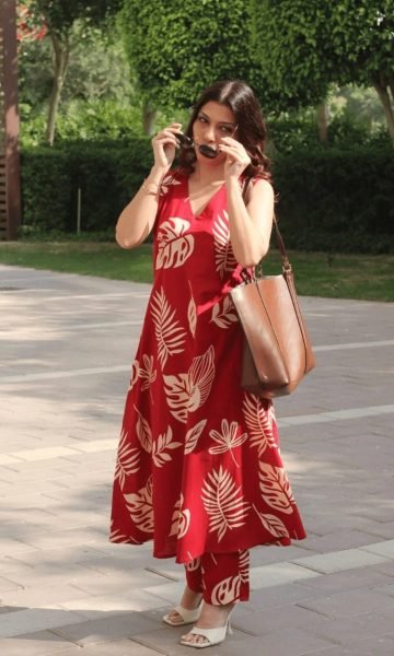 Authentic Red Designer Poly Rayon Co Ord Set with V Neck Print Design Printed Kurtis