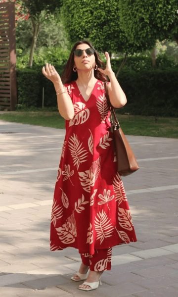 Authentic Red Designer Poly Rayon Co Ord Set with V Neck Print Design Printed Kurtis