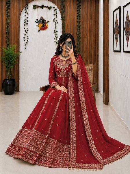 Exceptional Red Faux Georgette Anarkali Gown with Organza Silk Dupatta Ready To Wear Collection