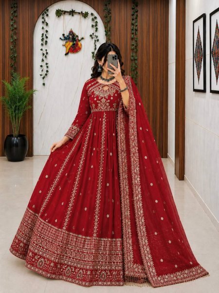 Exceptional Red Faux Georgette Anarkali Gown with Organza Silk Dupatta Ready To Wear Collection