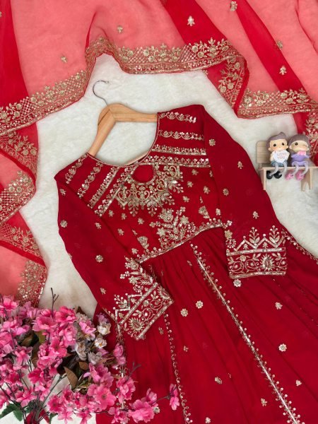 Exceptional Red Faux Georgette Anarkali Gown with Organza Silk Dupatta Ready To Wear Collection