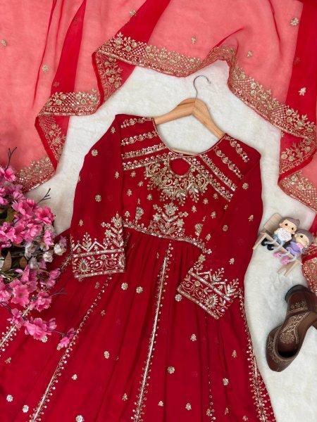Exceptional Red Faux Georgette Anarkali Gown with Organza Silk Dupatta Ready To Wear Collection