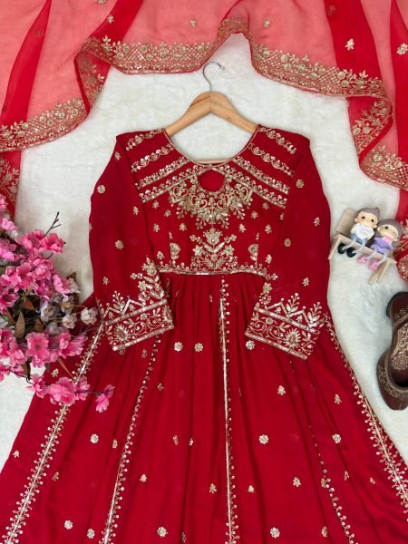 Exceptional Red Faux Georgette Anarkali Gown with Organza Silk Dupatta Ready To Wear Collection