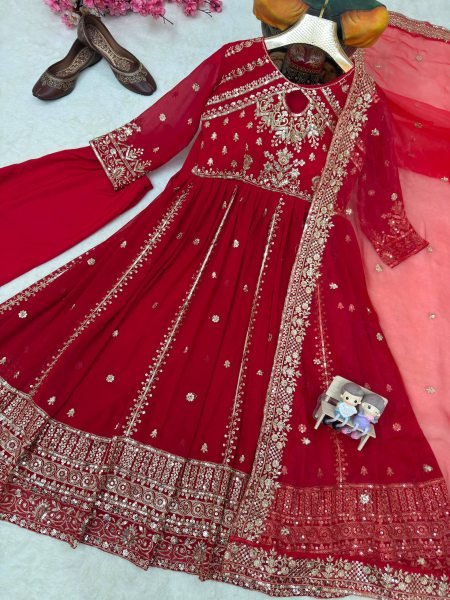 Exceptional Red Faux Georgette Anarkali Gown with Organza Silk Dupatta Ready To Wear Collection