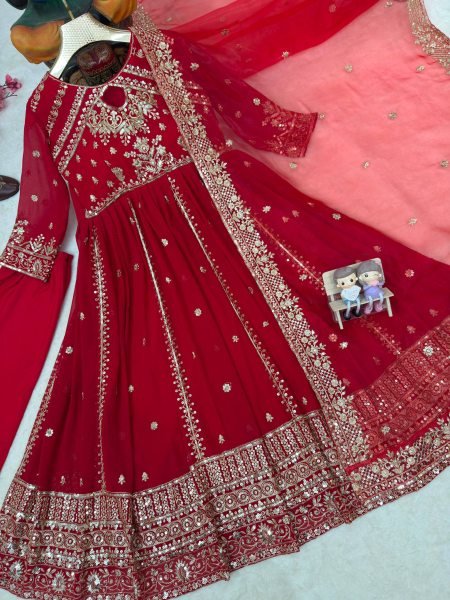 Exceptional Red Faux Georgette Anarkali Gown with Organza Silk Dupatta Ready To Wear Collection