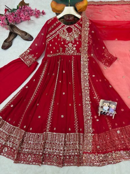 Exceptional Red Faux Georgette Anarkali Gown with Organza Silk Dupatta Ready To Wear Collection