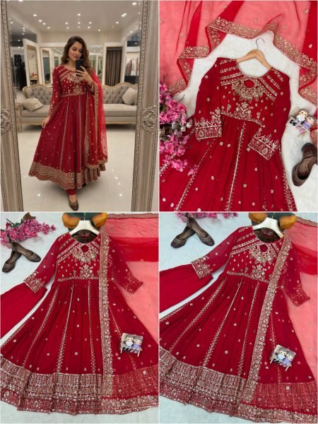 Exceptional Red Faux Georgette Anarkali Gown with Organza Silk Dupatta Ready To Wear Collection