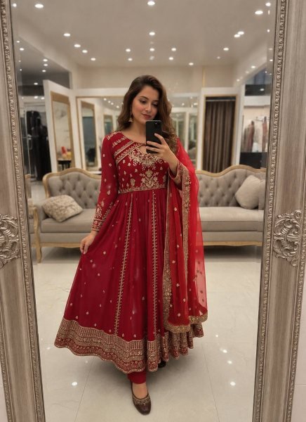Exceptional Red Faux Georgette Anarkali Gown with Organza Silk Dupatta Ready To Wear Collection