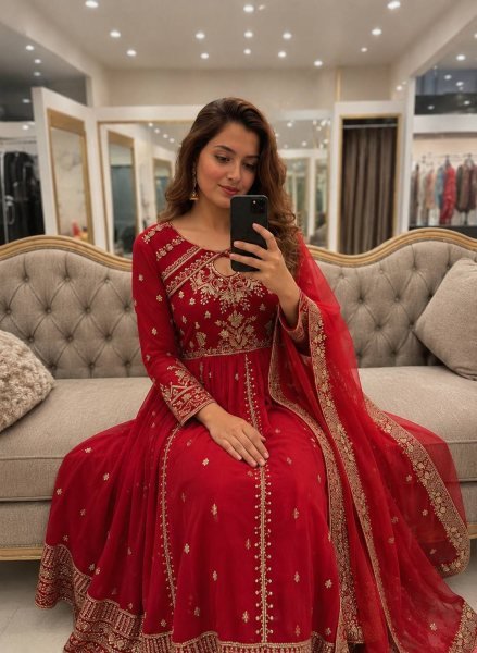 Exceptional Red Faux Georgette Anarkali Gown with Organza Silk Dupatta Ready To Wear Collection