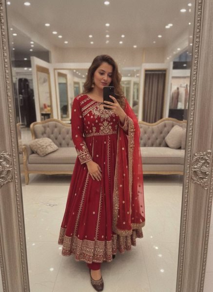 Exceptional Red Faux Georgette Anarkali Gown with Organza Silk Dupatta Ready To Wear Collection