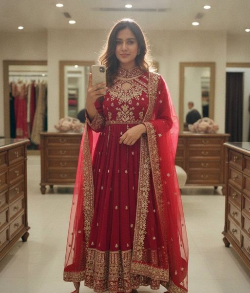 Exceptional Red Faux Georgette Anarkali Gown with Organza Silk Dupatta Ready To Wear Collection