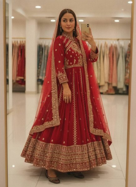 Exceptional Red Faux Georgette Anarkali Gown with Organza Silk Dupatta Ready To Wear Collection