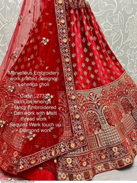 Authentic Red Velvet Lehenga with Zari and Diamond Work for Wedding Wear Bridal Lehenga Choli