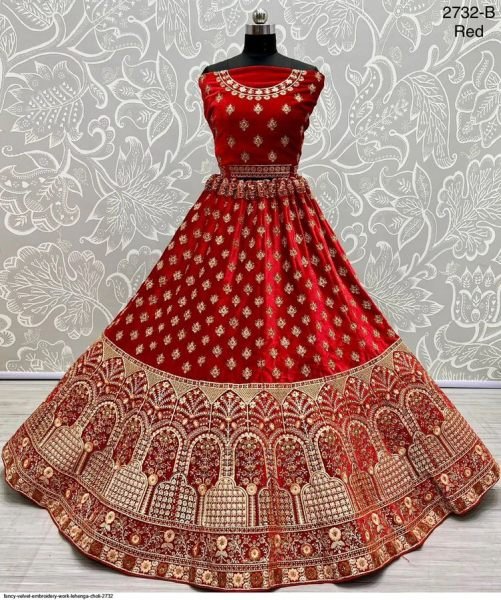 Authentic Red Velvet Lehenga with Zari and Diamond Work for Wedding Wear Bridal Lehenga Choli