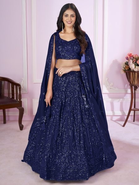 Authentic Royal Blue Georgette Lehenga with Sequins Embroidery for Wedding Wear Bridal Lehenga Choli
