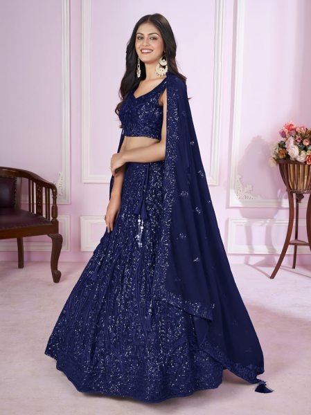 Authentic Royal Blue Georgette Lehenga with Sequins Embroidery for Wedding Wear Bridal Lehenga Choli