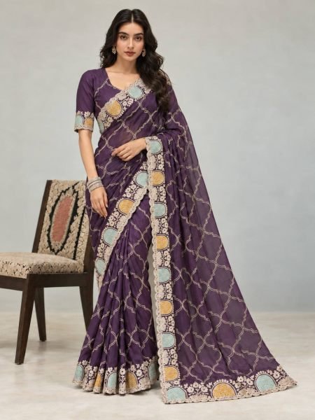 Authentic Royal Purple Soft Shatin Chiffon Saree with Matching Embroidered Blouse Sarees 