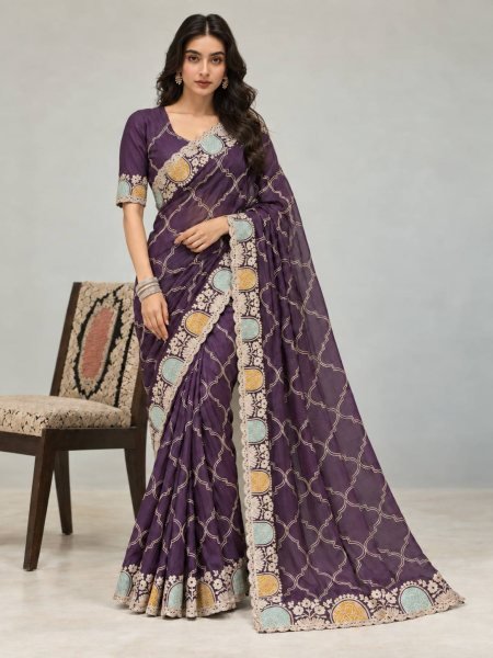 Authentic Royal Purple Soft Shatin Chiffon Saree with Matching Embroidered Blouse Embroidery Sarees Wholesale