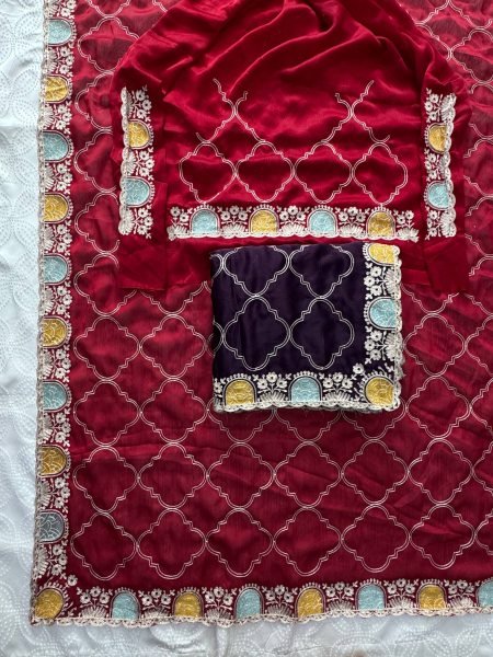 Authentic Royal Purple Soft Shatin Chiffon Saree with Matching Embroidered Blouse Embroidery Sarees Wholesale