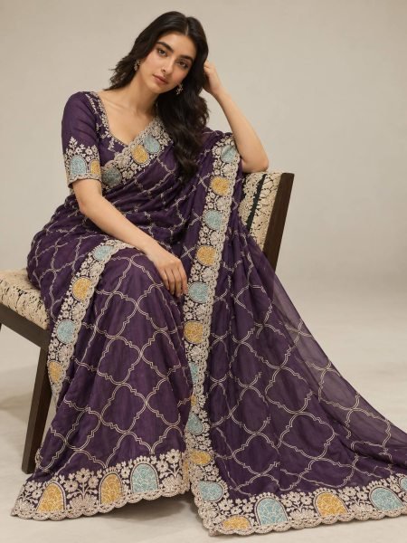 Authentic Royal Purple Soft Shatin Chiffon Saree with Matching Embroidered Blouse Embroidery Sarees Wholesale