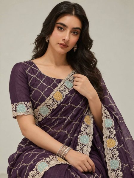 Authentic Royal Purple Soft Shatin Chiffon Saree with Matching Embroidered Blouse Embroidery Sarees Wholesale