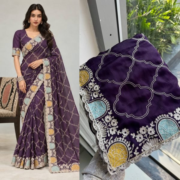 Authentic Royal Purple Soft Shatin Chiffon Saree with Matching Embroidered Blouse Embroidery Sarees Wholesale