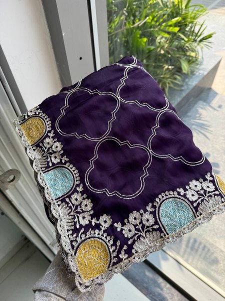 Authentic Royal Purple Soft Shatin Chiffon Saree with Matching Embroidered Blouse Embroidery Sarees Wholesale