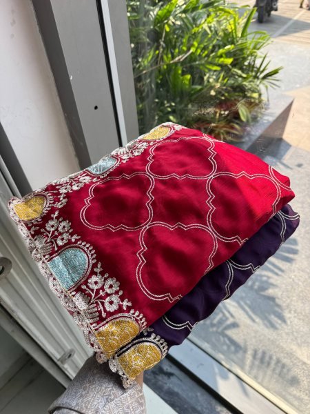 Authentic Royal Purple Soft Shatin Chiffon Saree with Matching Embroidered Blouse Embroidery Sarees Wholesale
