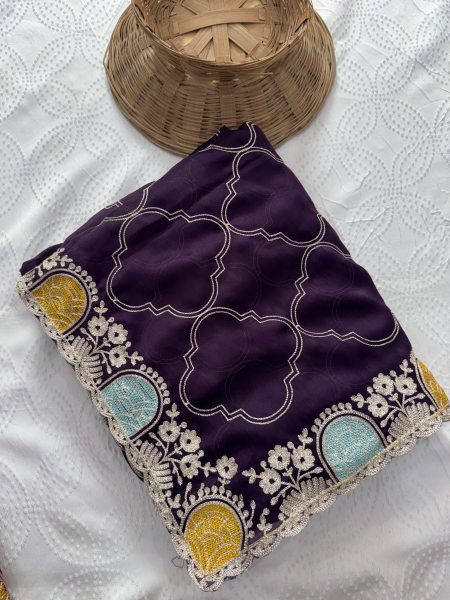 Authentic Royal Purple Soft Shatin Chiffon Saree with Matching Embroidered Blouse Embroidery Sarees Wholesale