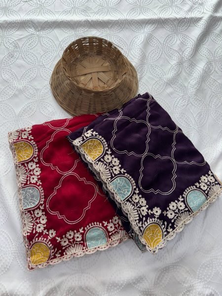 Authentic Royal Purple Soft Shatin Chiffon Saree with Matching Embroidered Blouse Embroidery Sarees Wholesale