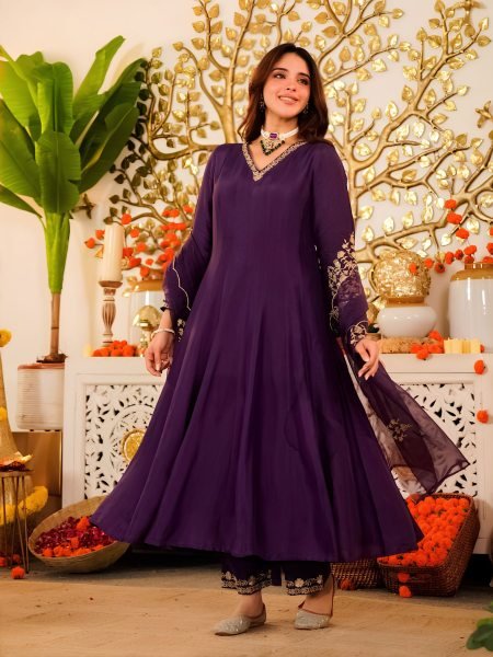 Authentic Royal Purple Viscose Chanderi Kurti Pant Set with Embroidered Organza Dupatta Anarkali Kurtis 