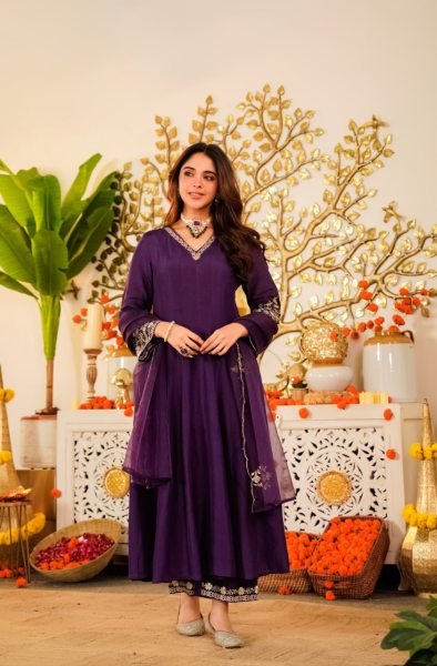 Authentic Royal Purple Viscose Chanderi Kurti Pant Set with Embroidered Organza Dupatta Anarkali Kurtis 