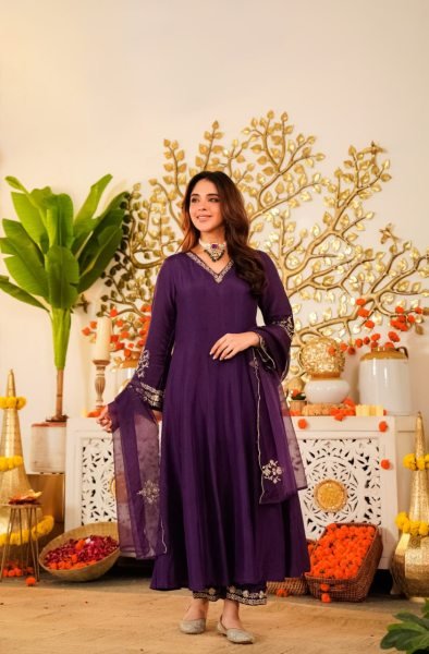 Authentic Royal Purple Viscose Chanderi Kurti Pant Set with Embroidered Organza Dupatta Anarkali Kurtis 