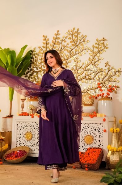 Authentic Royal Purple Viscose Chanderi Kurti Pant Set with Embroidered Organza Dupatta Anarkali Kurtis 