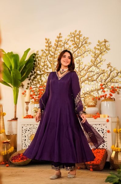 Authentic Royal Purple Viscose Chanderi Kurti Pant Set with Embroidered Organza Dupatta Anarkali Kurtis 