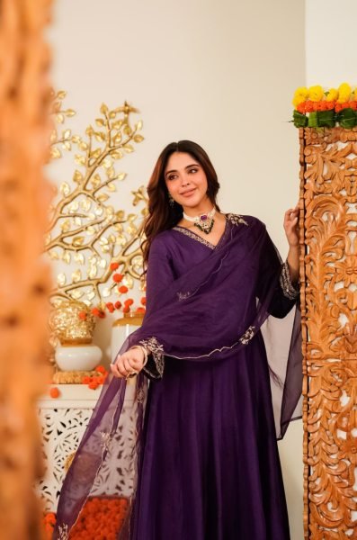 Authentic Royal Purple Viscose Chanderi Kurti Pant Set with Embroidered Organza Dupatta Anarkali Kurtis 