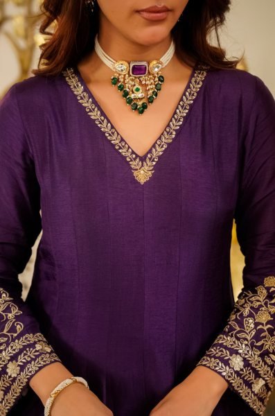 Authentic Royal Purple Viscose Chanderi Kurti Pant Set with Embroidered Organza Dupatta Anarkali Kurtis 