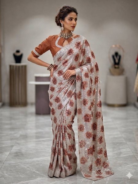 Authentic Silver And Bronze Georgette Sequin Sheeted Designer Saree Set Sarees 