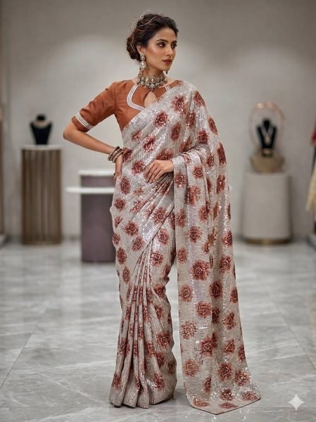 Authentic Silver And Bronze Georgette Sequin Sheeted Designer Saree Set Bollywood Fancy Sarees Wholesale