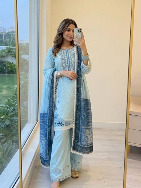 Authentic Sky Blue Satin Rayon Farshi Palazzo Suit with Digital Print Dupatta Ready To Wear Suit
