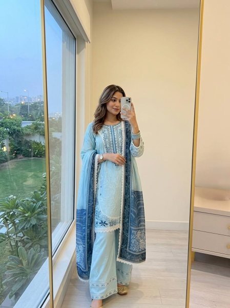 Authentic Sky Blue Satin Rayon Farshi Palazzo Suit with Digital Print Dupatta Ready To Wear Collection