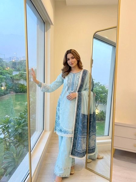 Authentic Sky Blue Satin Rayon Farshi Palazzo Suit with Digital Print Dupatta Ready To Wear Collection