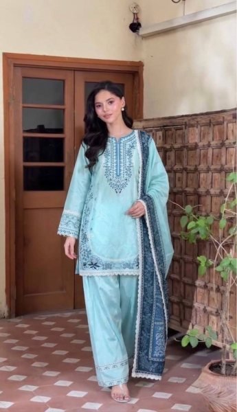 Authentic Sky Blue Satin Rayon Farshi Palazzo Suit with Digital Print Dupatta Ready To Wear Collection