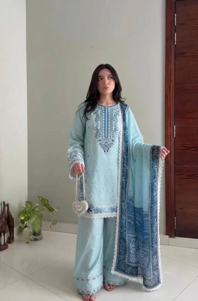 Authentic Sky Blue Satin Rayon Farshi Palazzo Suit with Digital Print Dupatta Ready To Wear Collection