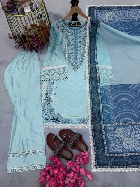 Authentic Sky Blue Satin Rayon Farshi Palazzo Suit with Digital Print Dupatta Ready To Wear Collection