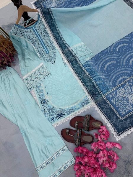 Authentic Sky Blue Satin Rayon Farshi Palazzo Suit with Digital Print Dupatta Ready To Wear Collection