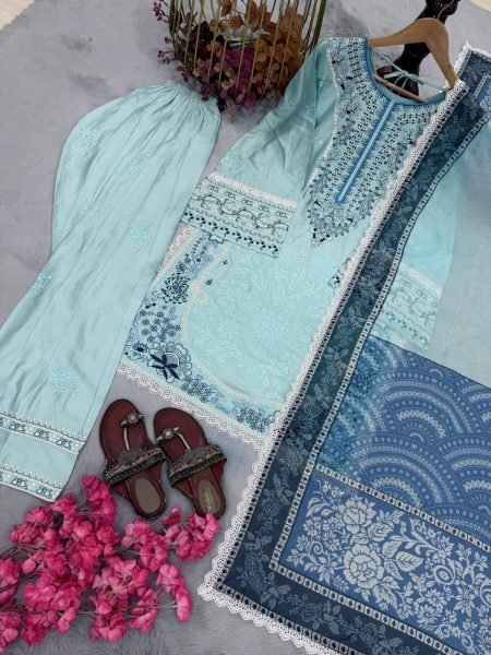 Authentic Sky Blue Satin Rayon Farshi Palazzo Suit with Digital Print Dupatta Ready To Wear Collection