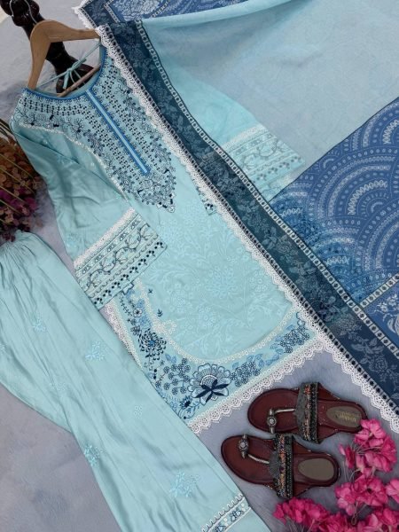 Authentic Sky Blue Satin Rayon Farshi Palazzo Suit with Digital Print Dupatta Ready To Wear Collection
